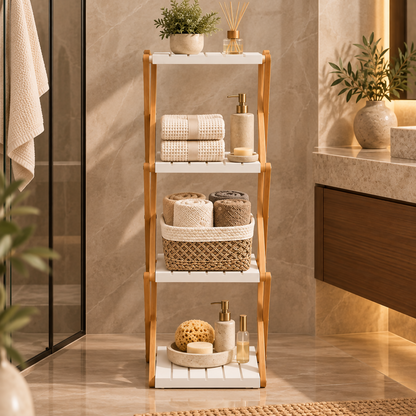 Haven 4-Tier Foldable Bamboo & White Standing Shelf | QG168-173