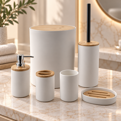 NATURA – 6-Piece White & Bamboo Bathroom Accessories Set | YC-18