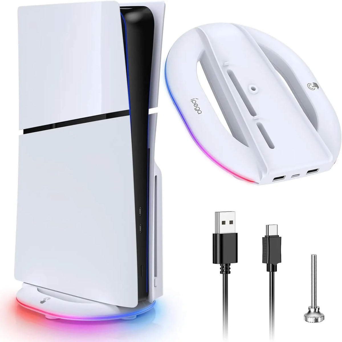 iPega PS5 Pro & PS5 Slim Vertical Stand with RGB Lighting, Dual Controller Charging Dock & Headset Holder
