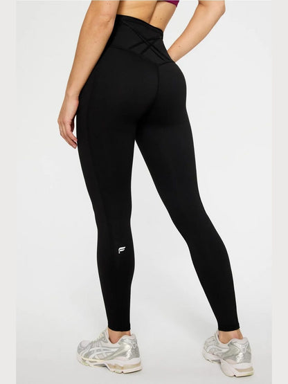 Fabletics Boost PowerHold high-waisted black leggings with crisscross lace-up back detail and ribbed compression fabric
