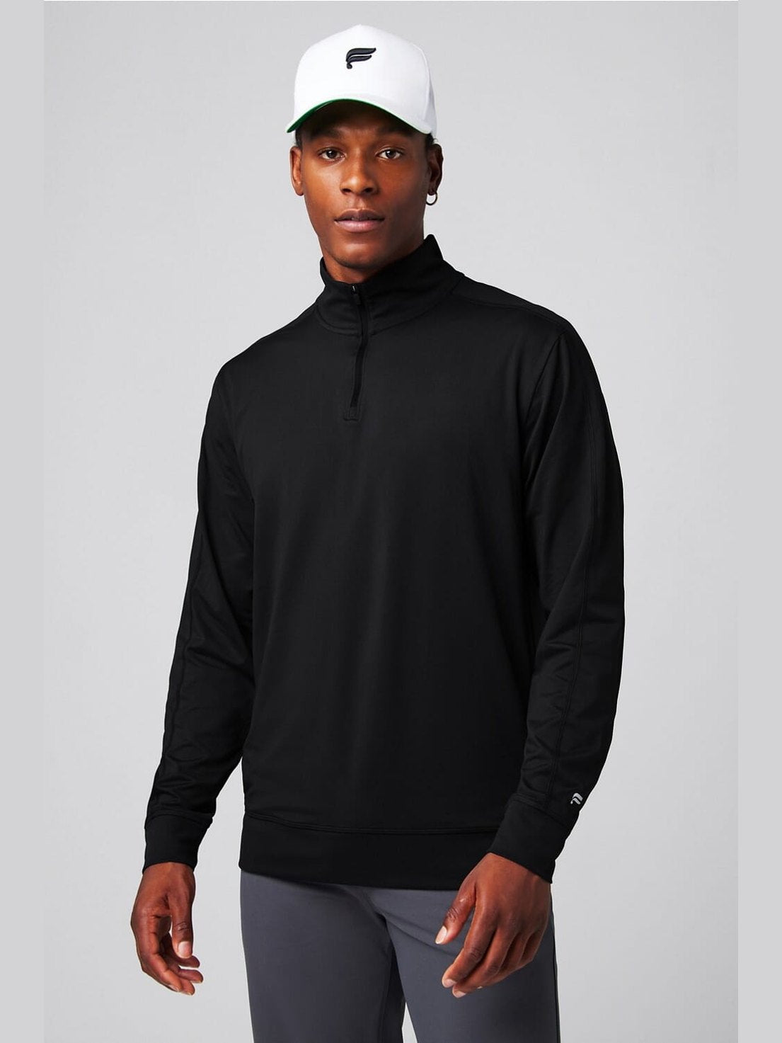 Men's black Fabletics Cloud Jersey quarter zip sweatshirt with half-zip closure, ribbed cuffs and hem, smooth matte texture
