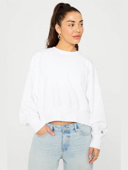 White cropped crew neck sweatshirt with drop shoulder, ribbed cuffs and textured year-round terry fabric