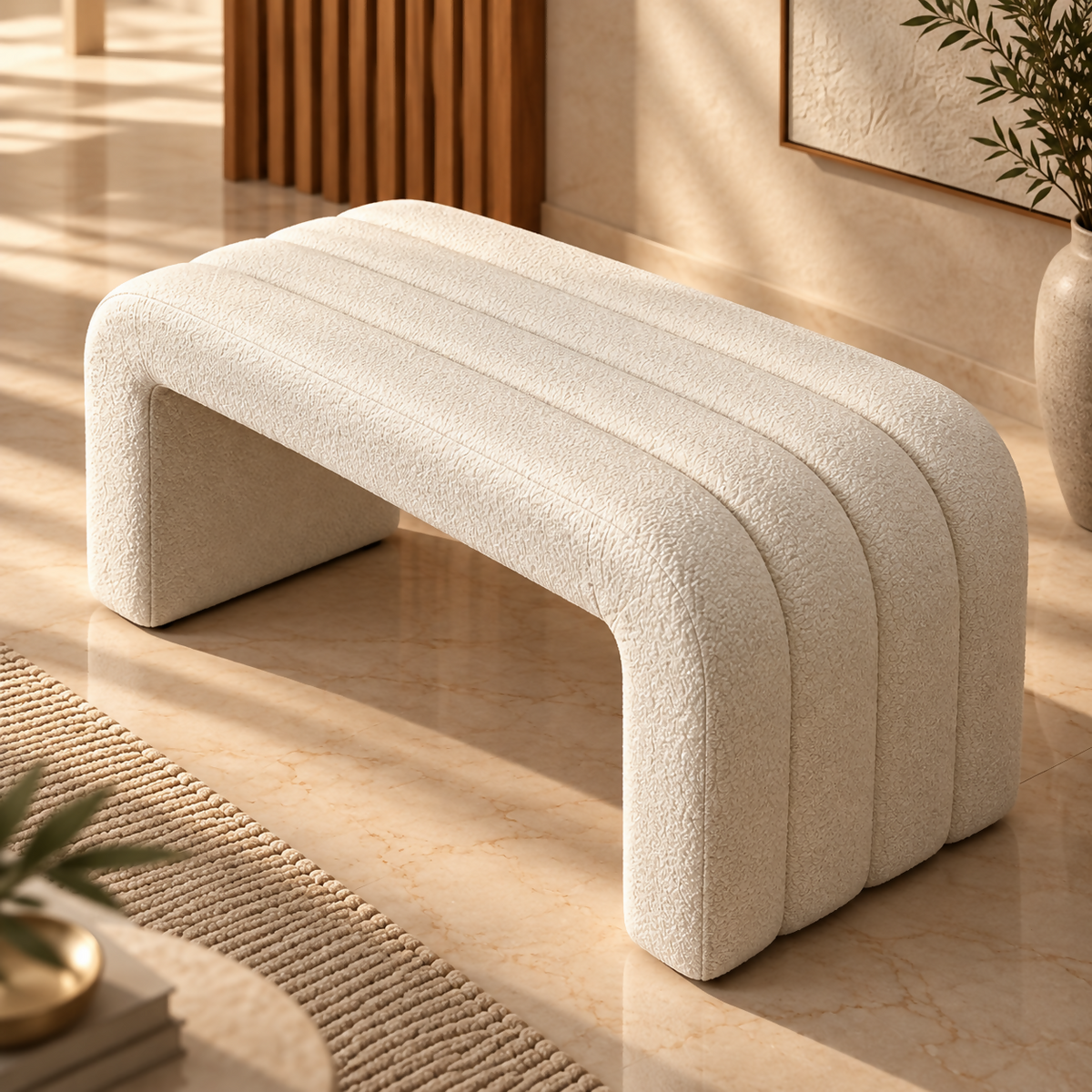 Cream Bouclé Sculptural Bench | BNCH764045W