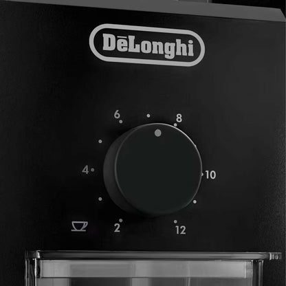 De'Longhi Electric Coffee Grinder, 110W, Burr Grinding System, 12 Settings, Stainless Steel Blade, 12 Cup Capacity, 120g Bean Container, Removable Transparent Lid – KG79, Black
