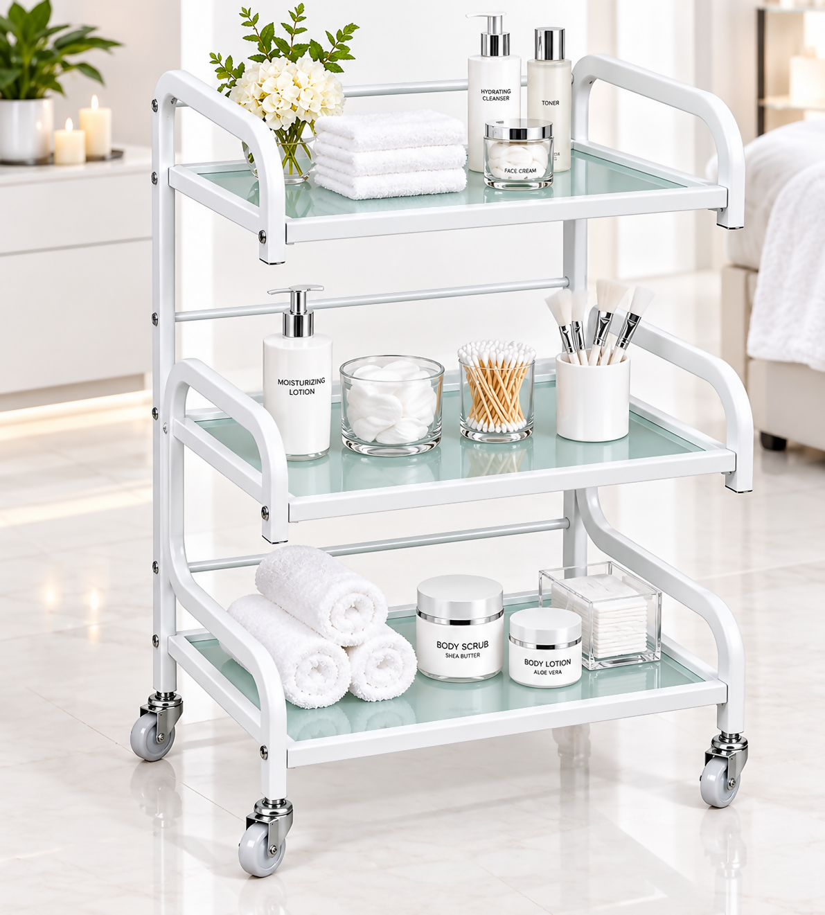 3-Tier Glass Facial Rolling Trolley Cart – Professional Salon &amp; Spa Storage