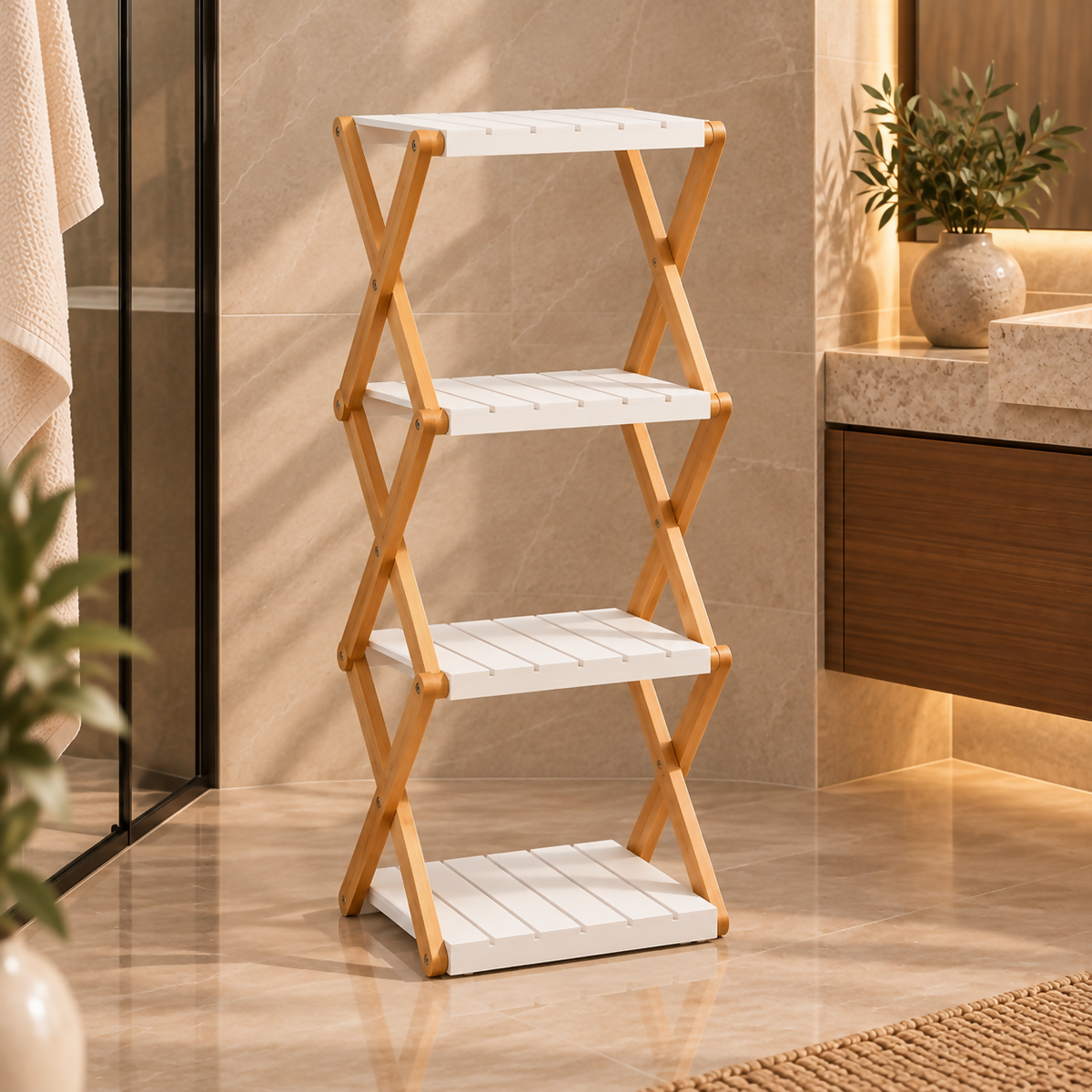 Haven 4-Tier Foldable Bamboo & White Standing Shelf | QG168-173