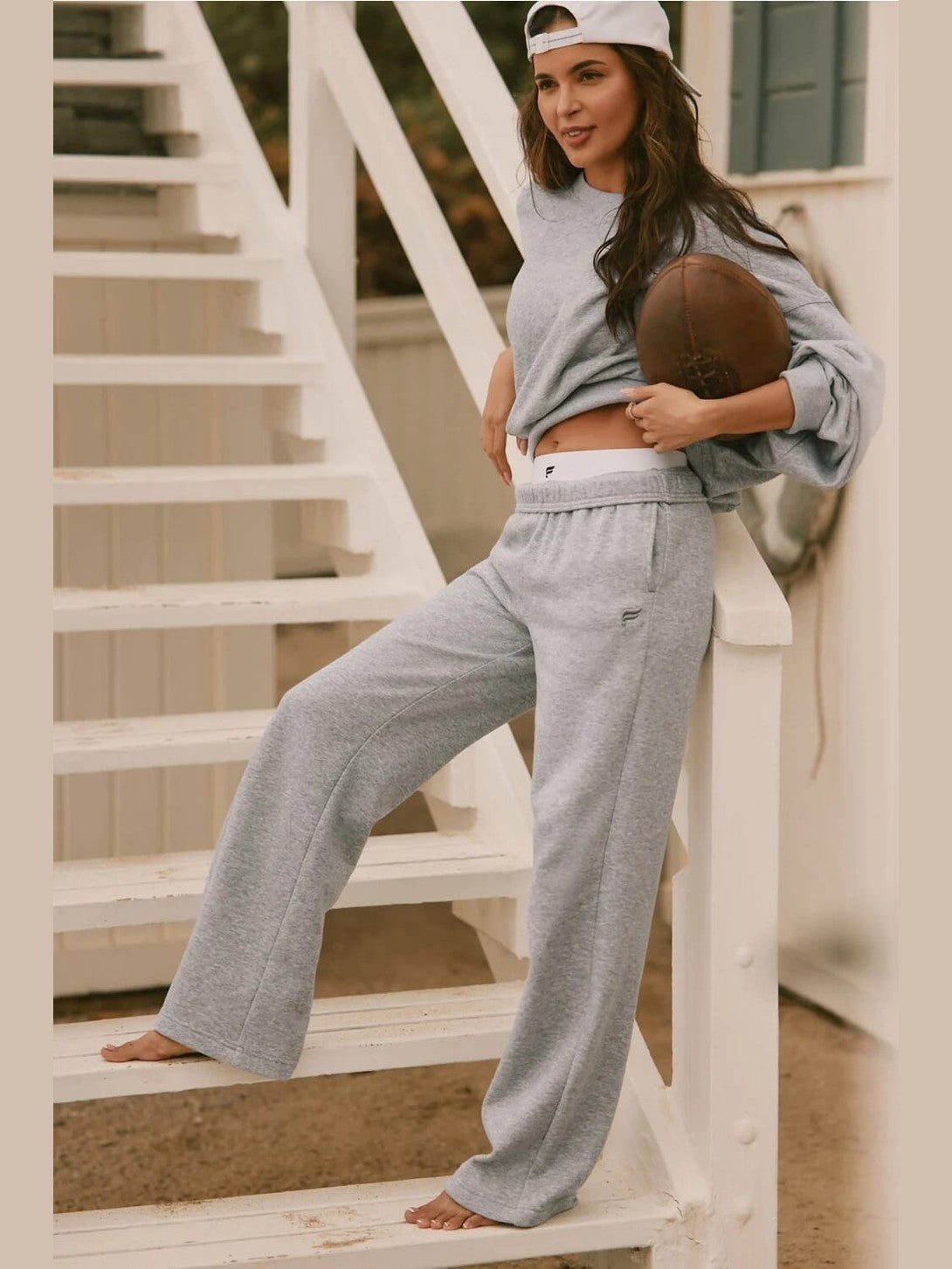 Fabletics heather gray wide leg sweatpants with French terry texture and elastic waistband
