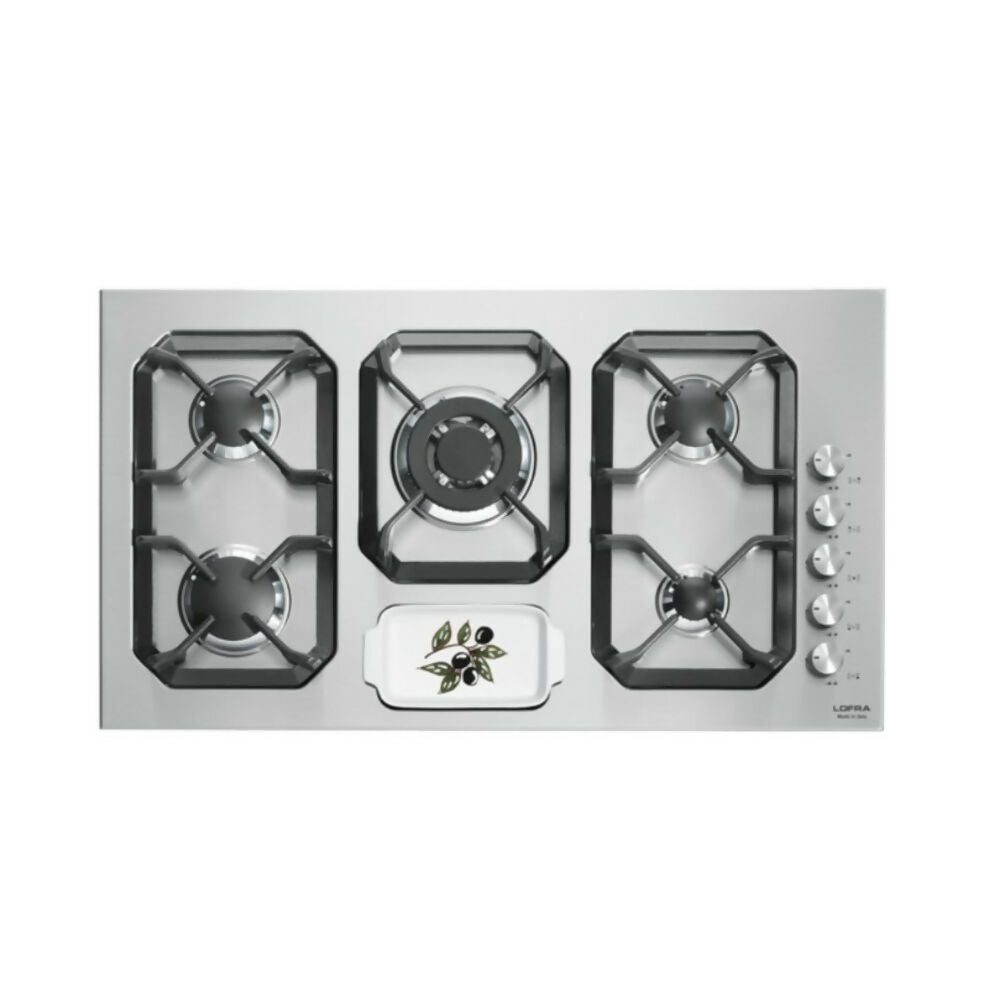 Lofra Gas Hob 90Cm 5 Gas Burners, 1 Triple Crown, Safety, Timer, Ignition, Ceramic Cutlery Tray [Stainless Steel], LOF-HLS9U0