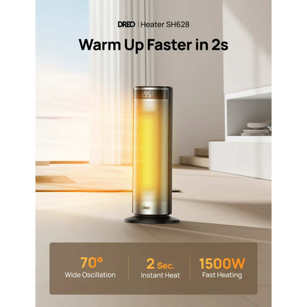 Dreo Space Electric Heater for Large Room, 20-Inch with FortPlug for Indoor Use, 8 Safe Protection Tower, 70 Degree Oscillation, PTC Ceramic with Remote, 12H Timer