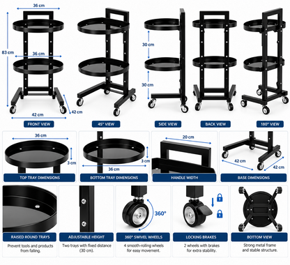 La Perla Tech, 2 Tiers Movable Adjustable Salon Tray Station Hairdressing Service Salon Trolley W/Accessory Black With 4 Universal Wheels