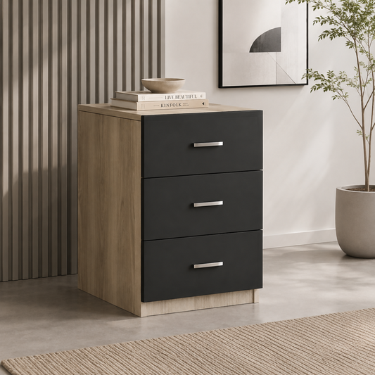 Modern 3-Drawer Storage Cabinet – Oak & Black | VO3-OB