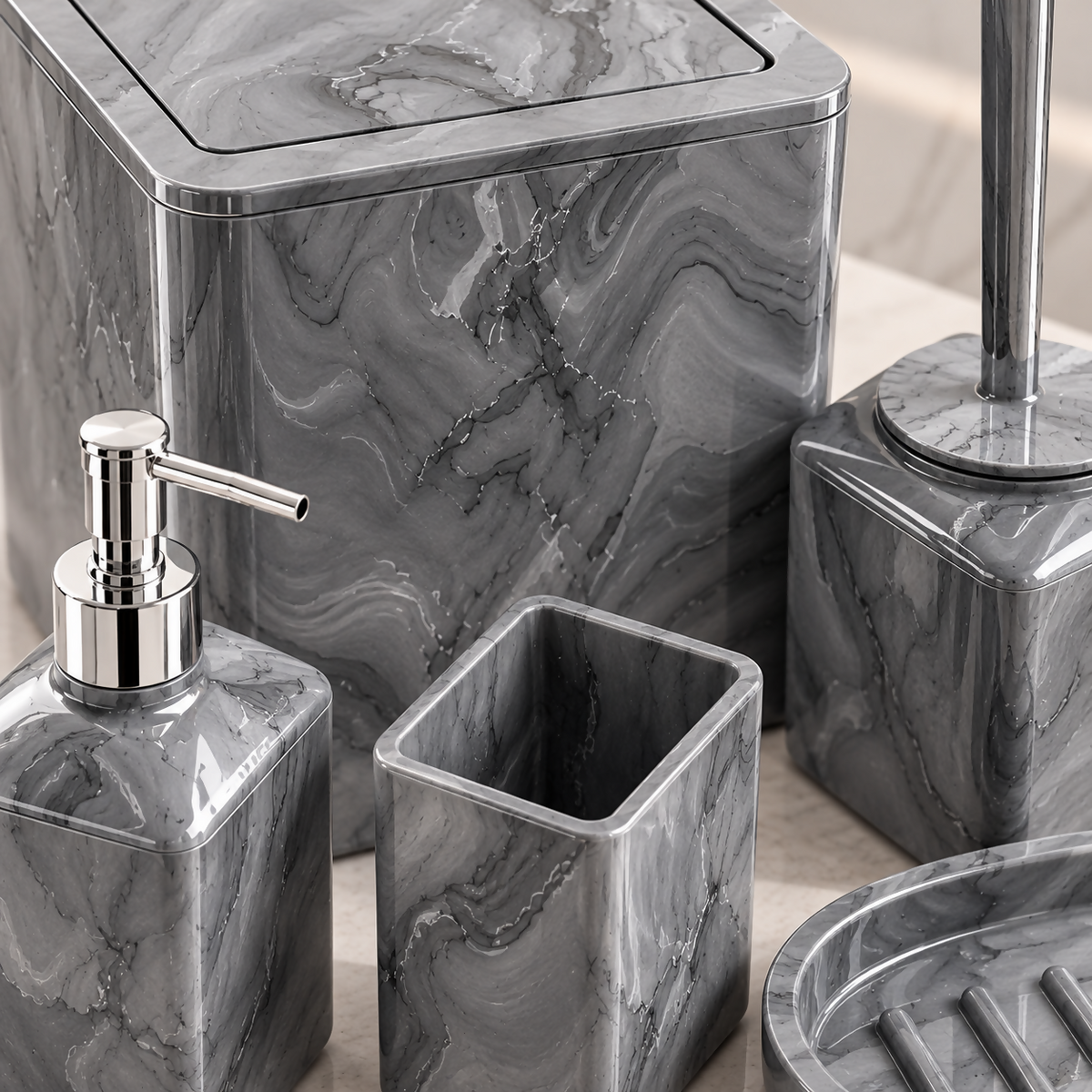 Ashford Grey Marble-Effect Square Bathroom Accessories Set – 5 Pieces | MA011