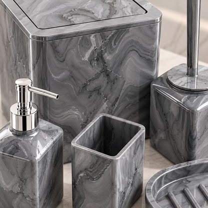 Ashford Grey Marble-Effect Square Bathroom Accessories Set – 5 Pieces | MA011