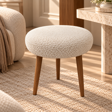 Luna Bouclé Wooden-Leg Pouf | PUF-375