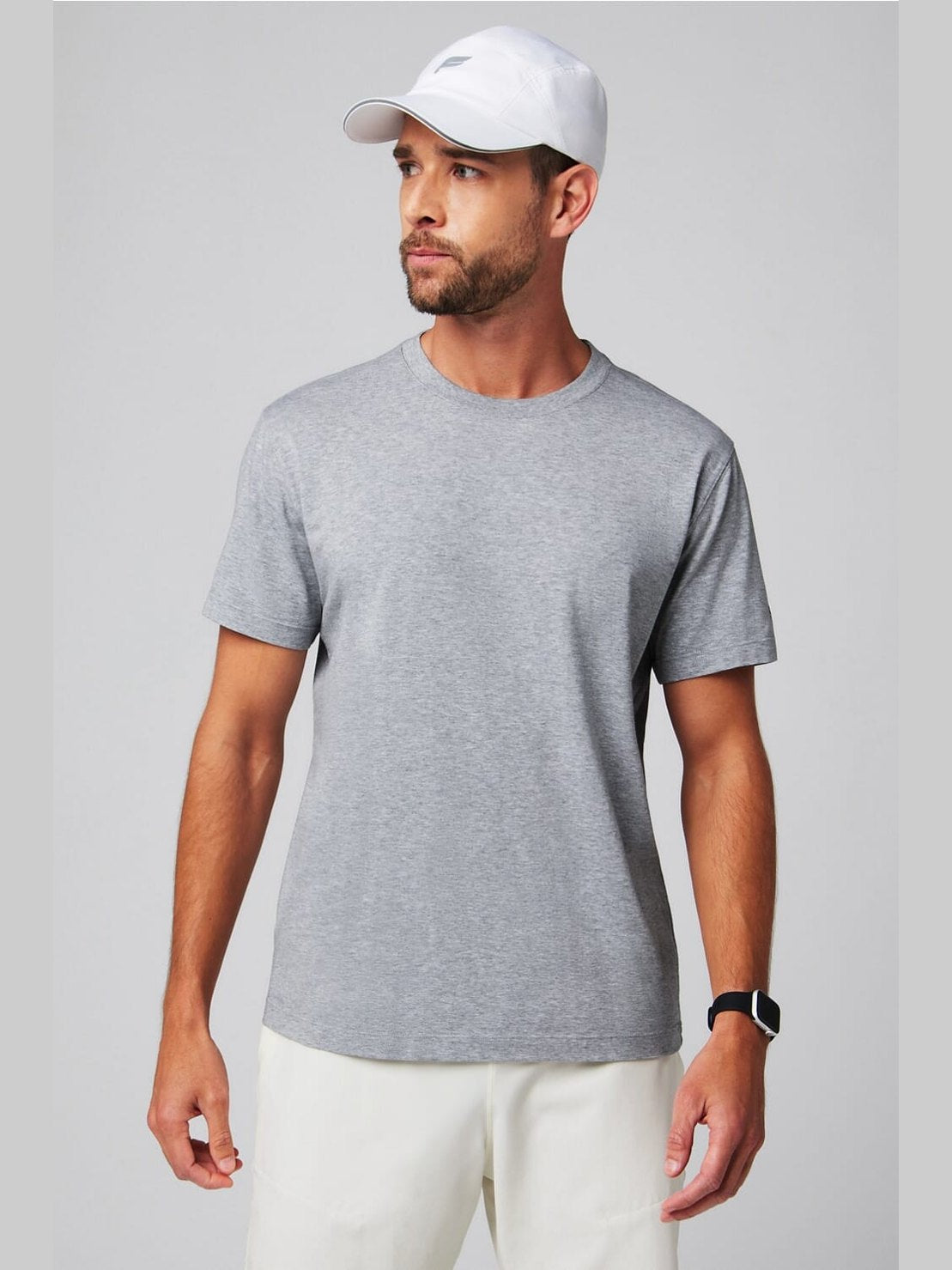 Fabletics men's heather gray short sleeve crew neck t-shirt in soft Hybrid365 cotton modal blend with anti-stink sweat wicking tech