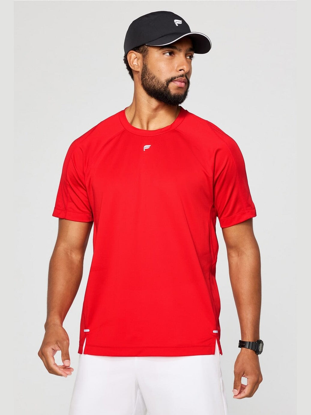 Fabletics The O2 Tee men's vibrant red short sleeve running shirt with crew neck and white logo