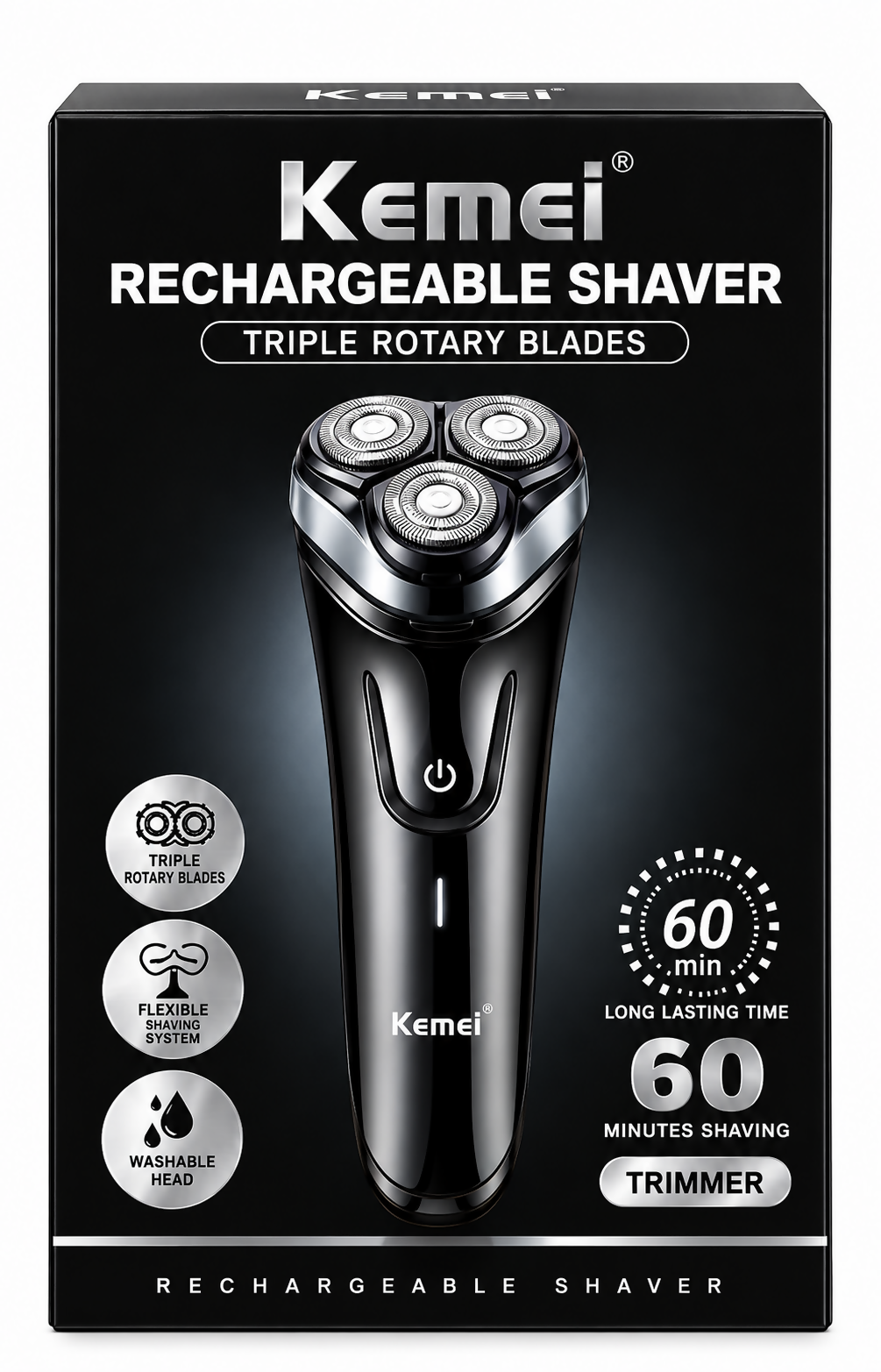 Kemei rechargeable shaver with triple rotary blades