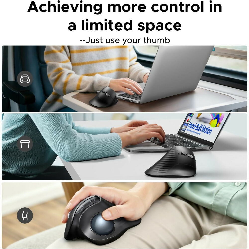 UGREEN Ergonomic Wireless Trackball Mouse, BT & 2.4G, 2000 DPI, Multi-Device Pairing, USB-C Rechargeable - M785DR 85892