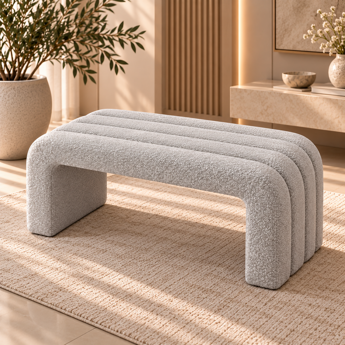 Light Grey Bouclé Sculptural Bench | BNCH764045LG
