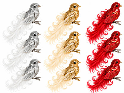 Set Of 3 Pcs Birds Curly On Clip Hanging Christmas Tree Decoration, Available in 3 Colors