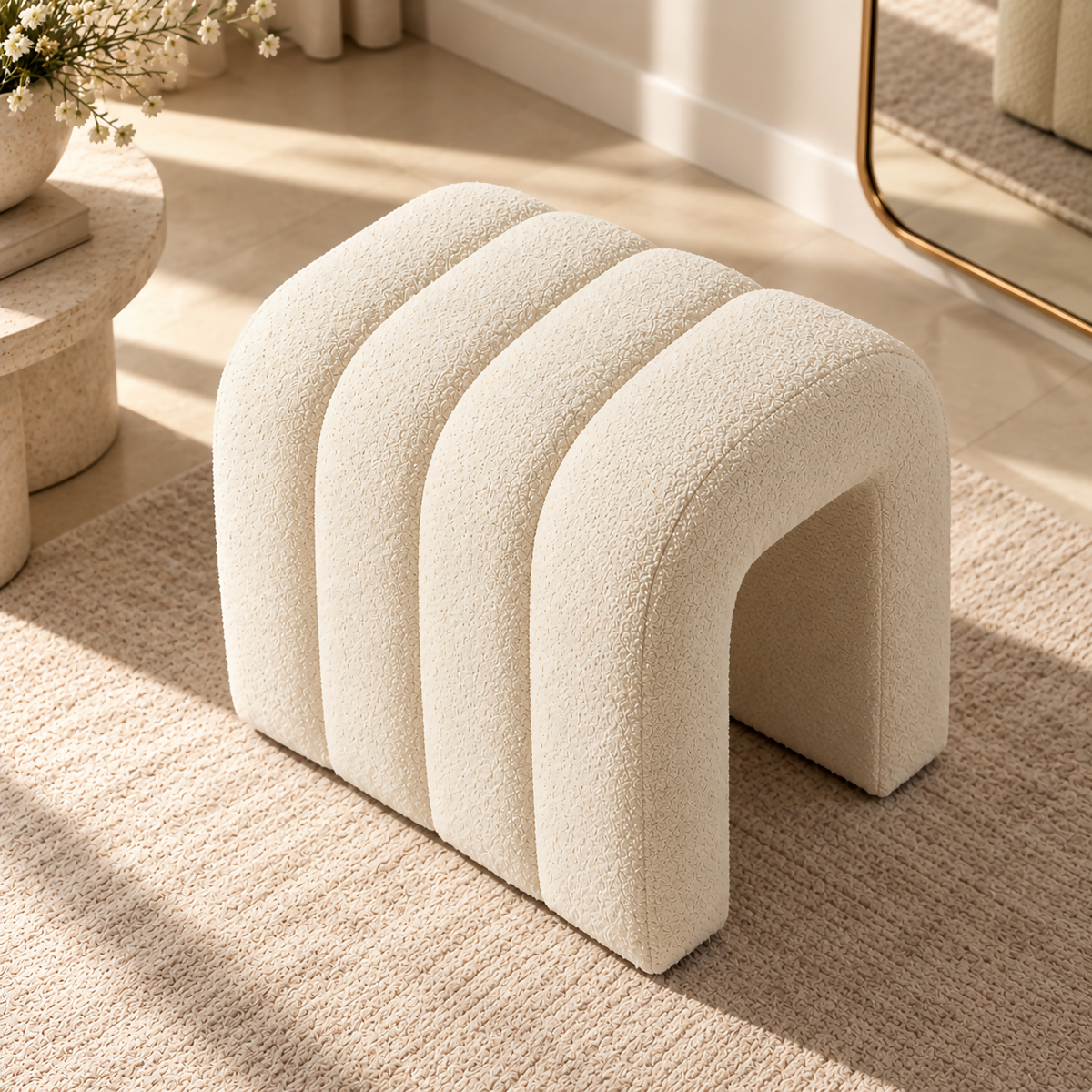 Cream Sculptural Bouclé Bench | BNCH383845W