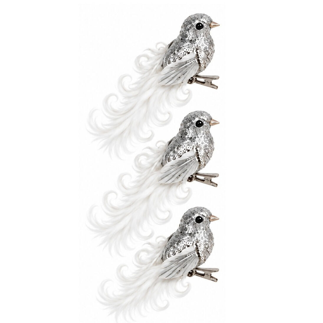 Set Of 3 Pcs Birds Curly On Clip Hanging Christmas Tree Decoration, Available in 3 Colors