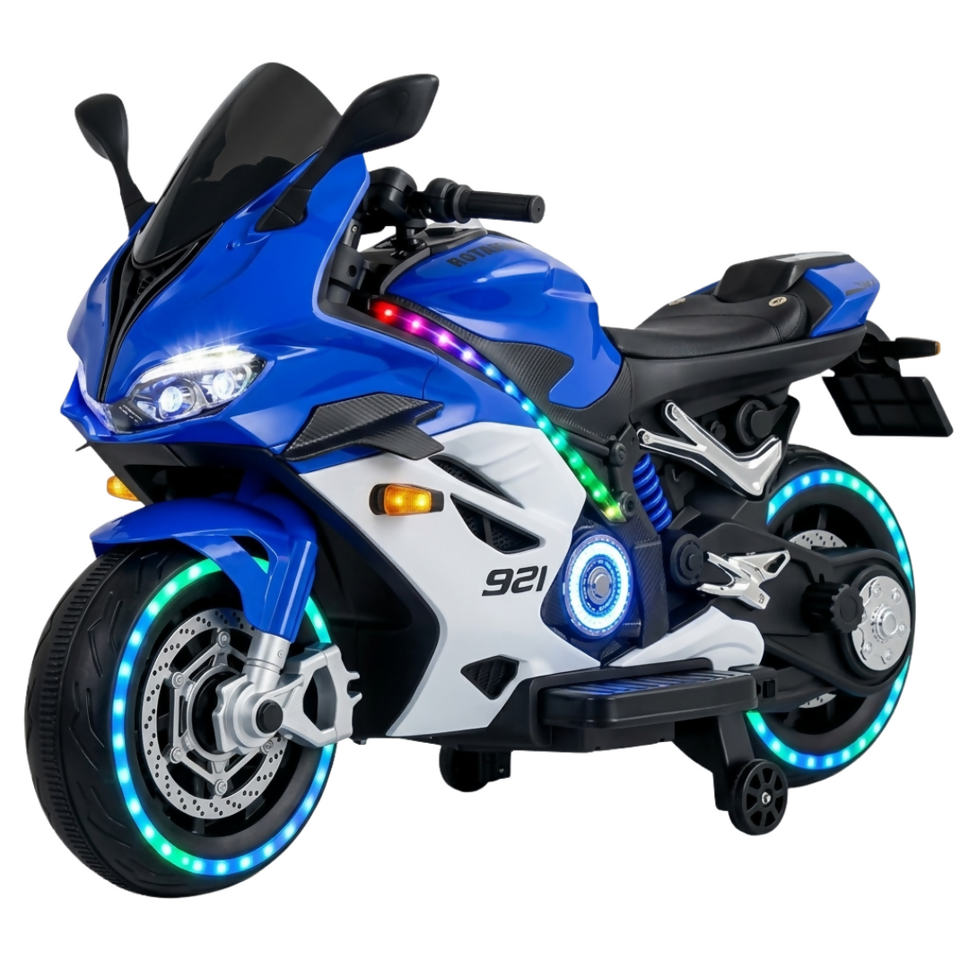 Kids Jumbo Sports Ride-On Bike – 12V Battery, Hand Accelerator, Bluetooth & LED Lights (Ages 6–12)