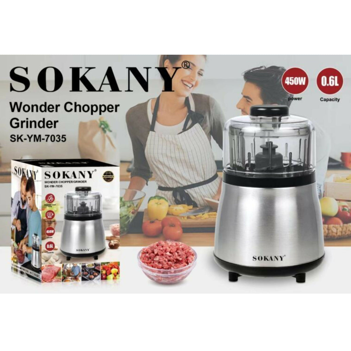 Sokany Grinder & Chopper With Stainless Body Meat & Vegetables Grinder YM-7035, 450W, 0.6L