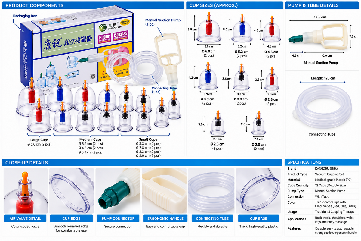 HIJAMA Vacuum Cupping Set for Health Care Portable Body Relaxation Massager & Manual Therapy Cups Traditional Chinese Therapy Cupping Kit 12 Pcs