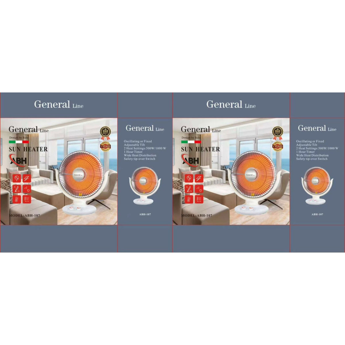 General Line Sun Heater, Oscillating , 2 heating settings 500w/1000w, 1 hour timer wide heat distribution, safety tip-over switch
