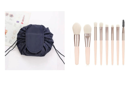 Drawstring Foldable Makeup Bag Navy Blue & Mini Brush Set