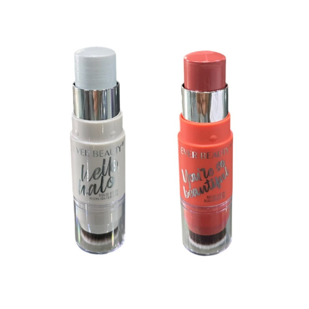 Ever Beauty, Dual-Ended Highlighter Stick Icy & Cream Blush Stick With Brush Rosy Petal