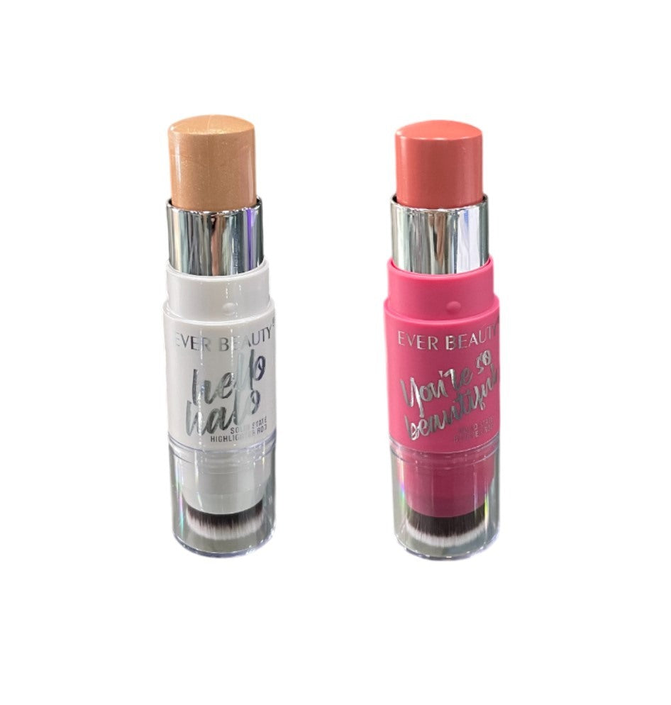 Ever Beauty, Dual-Ended Highlighter Stick Golden Aura & Cream Blush Stick With Brush Pink Petal