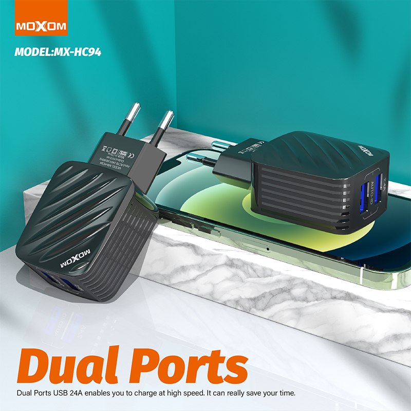 Moxom, MX-HC94 Dual-Port USB Fast Wall Charger With Type-C Cable 2.4A