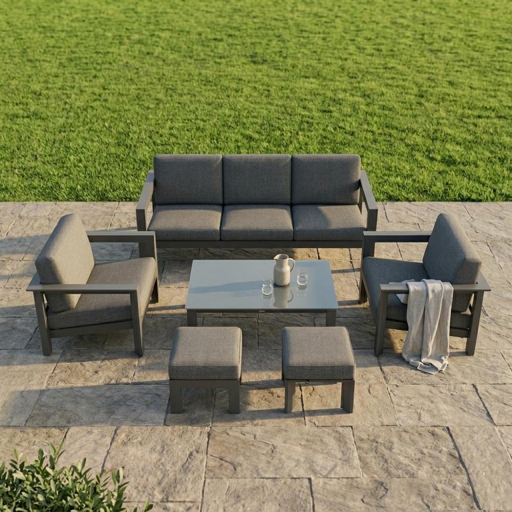Outdoor Sofa Lounge Set (3-Seater + 2 Single Chairs) with Poufs & Table - Grey Aluminum Frame, AF4100