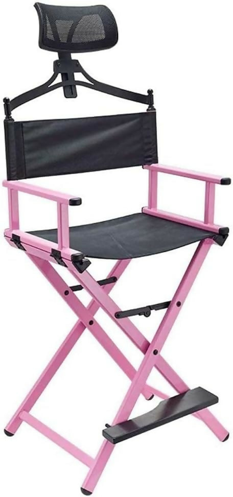 Folding Makeup Artist Chair, Portable Foldable Aluminum Makeup Chair with Head Rest (Color: Pink)
