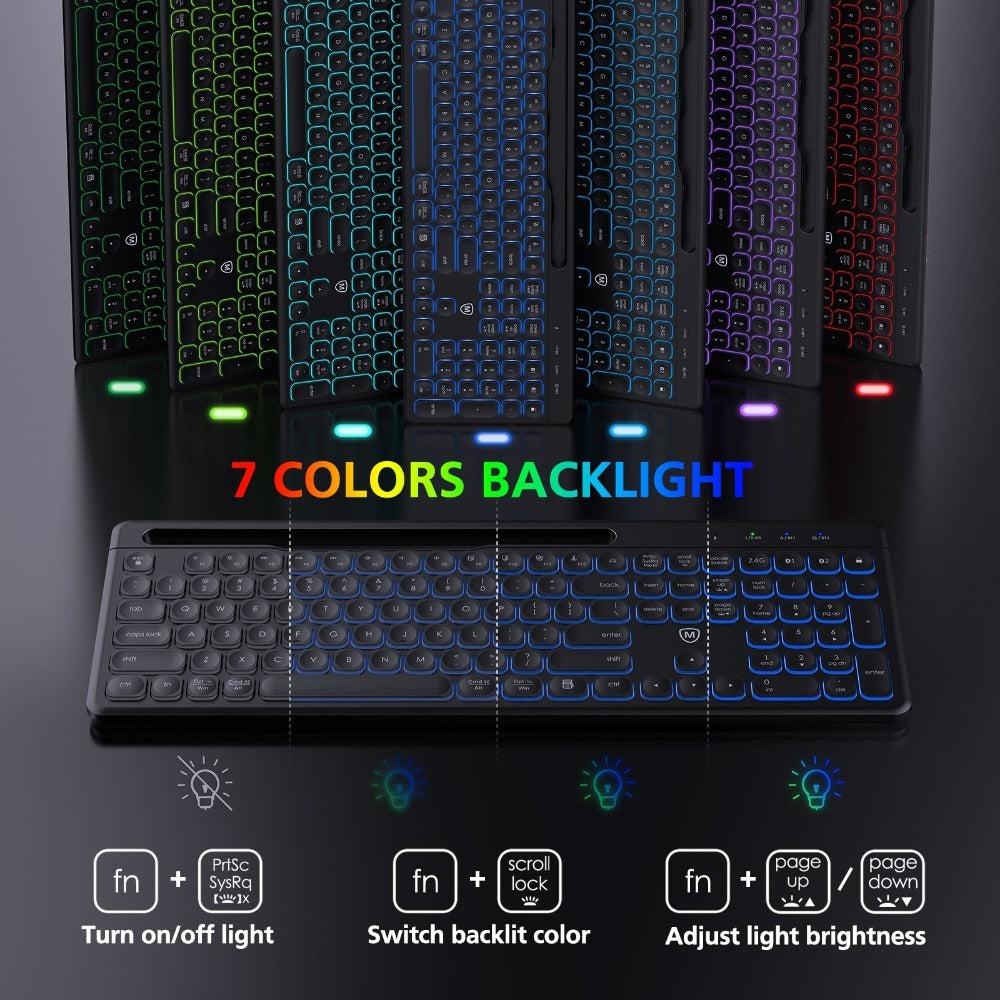 Micropack, Akm-240W 3 Modes Wireless Combo Keyboard & Mouse, Backlit 7 Colors Rechargeable