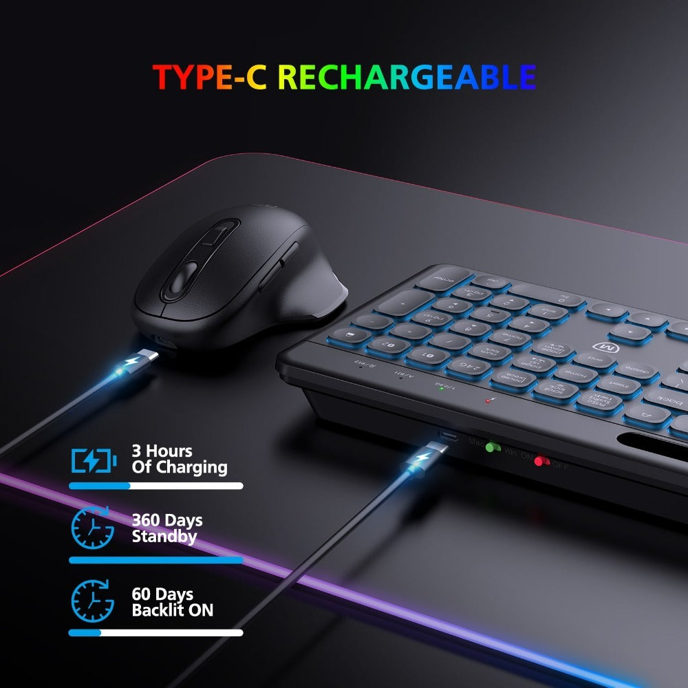 Micropack, Akm-240W 3 Modes Wireless Combo Keyboard & Mouse, Backlit 7 Colors Rechargeable