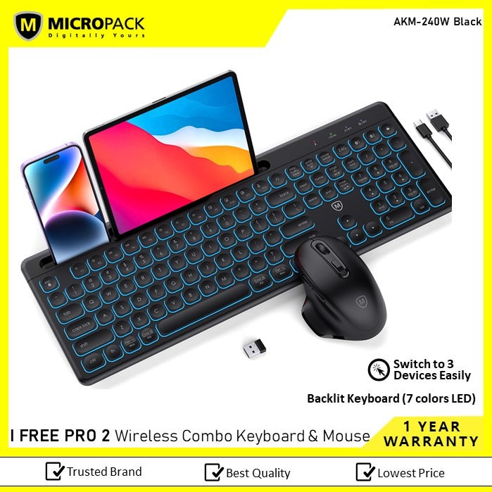 Micropack, Akm-240W 3 Modes Wireless Combo Keyboard & Mouse, Backlit 7 Colors Rechargeable