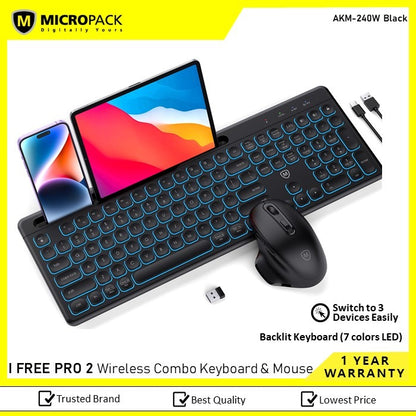 Micropack, Akm-240W 3 Modes Wireless Combo Keyboard & Mouse, Backlit 7 Colors Rechargeable