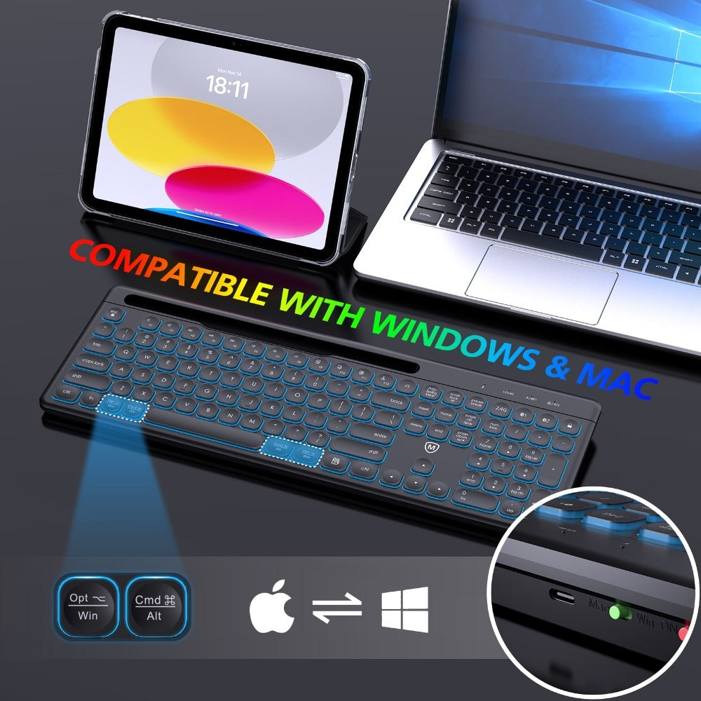 Micropack, Akm-240W 3 Modes Wireless Combo Keyboard & Mouse, Backlit 7 Colors Rechargeable