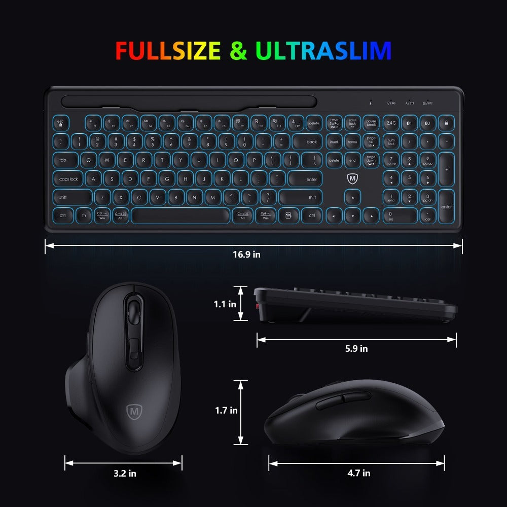 Micropack, Akm-240W 3 Modes Wireless Combo Keyboard & Mouse, Backlit 7 Colors Rechargeable