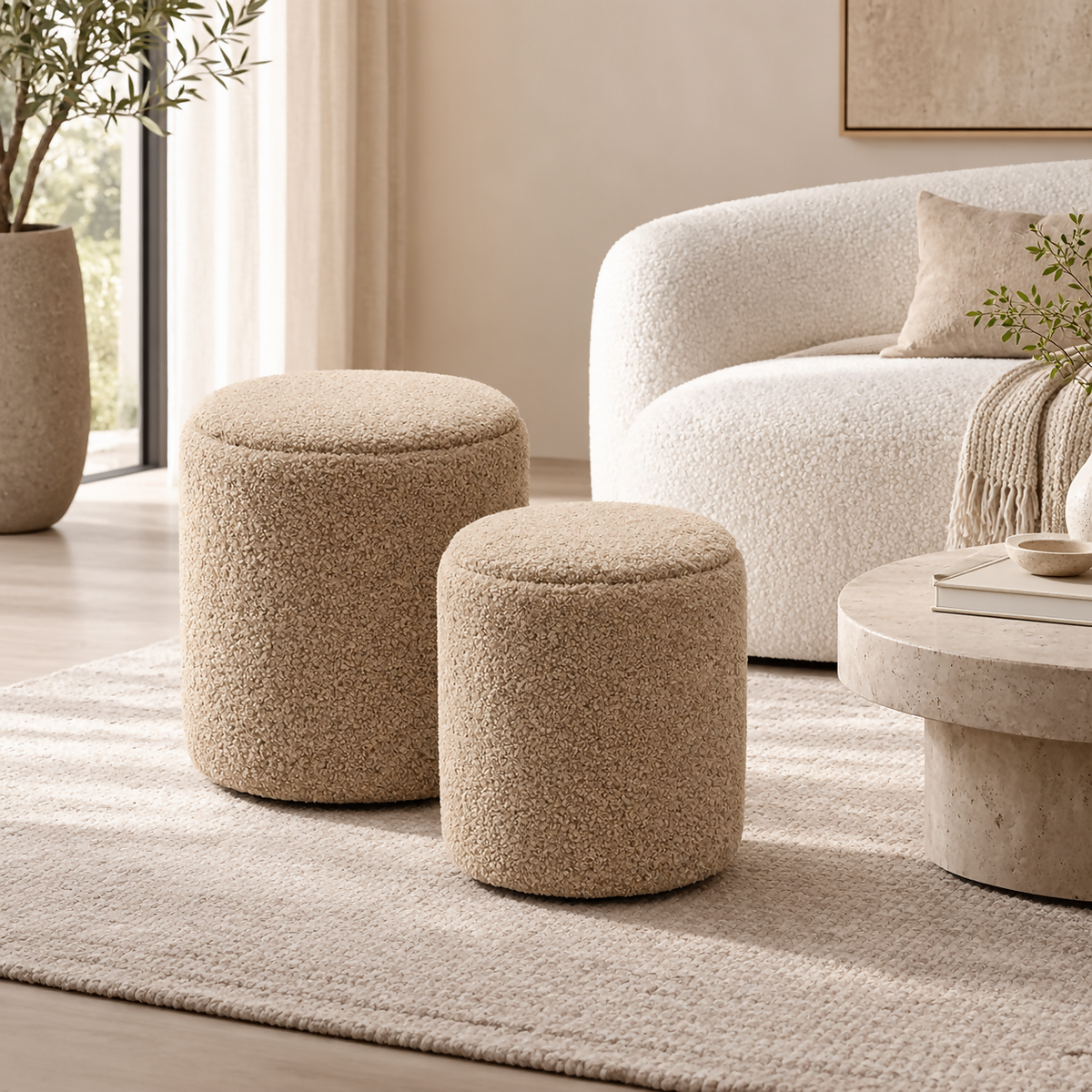 Solène Beige Bouclé Round Pouf Set – 2 Pieces | SYY-31 S