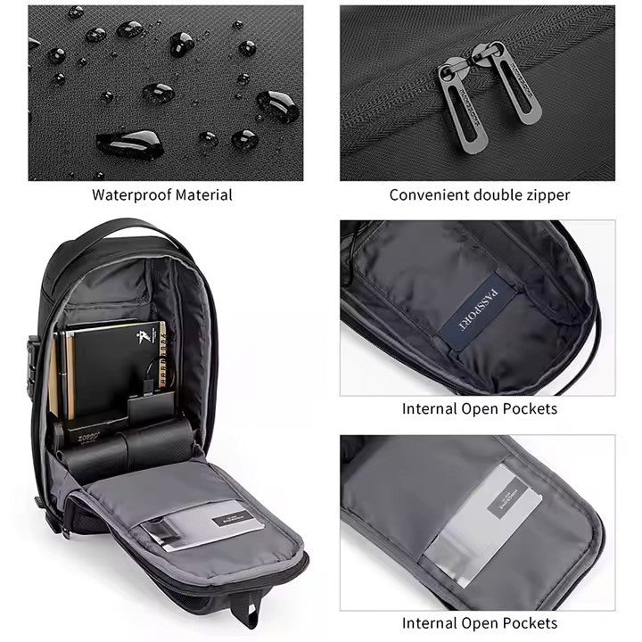 Kingsons, KS3288W-A Chest Sling Bag ? Waterproof High-Quality Material, TSA Pocket, USB Charging