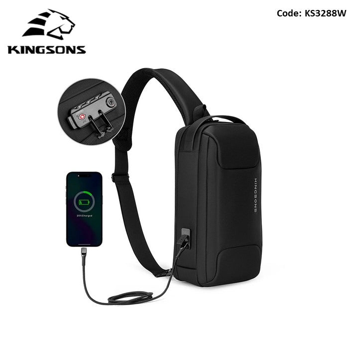 Kingsons, KS3288W-A Chest Sling Bag ? Waterproof High-Quality Material, TSA Pocket, USB Charging