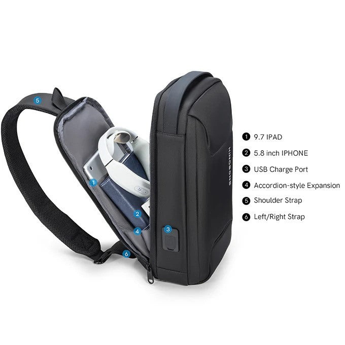 Kingsons, KS3288W-A Chest Sling Bag ? Waterproof High-Quality Material, TSA Pocket, USB Charging
