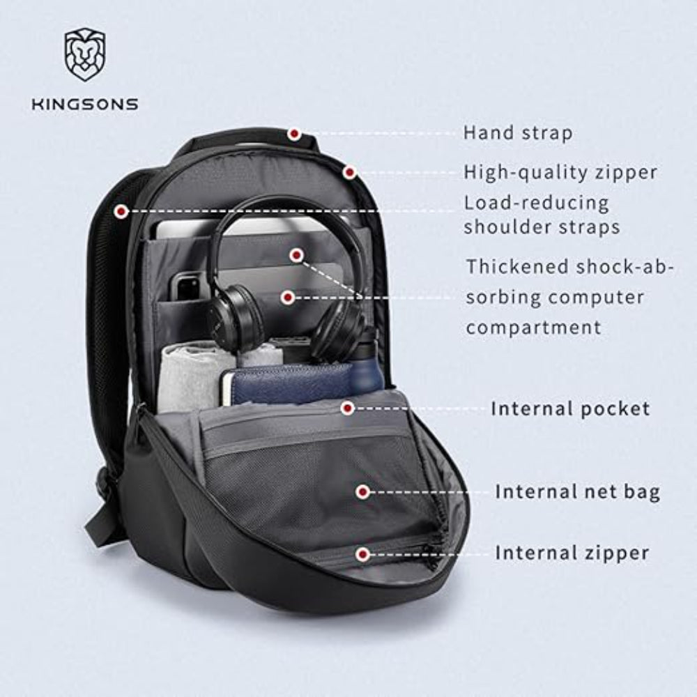 KINGSONS KS25458 18L Ergonomic Business Laptop Backpack, Waterproof, Scratch-Resistant Travel Commuter Bag Black