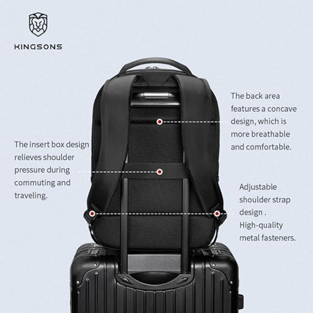 KINGSONS KS25458 18L Ergonomic Business Laptop Backpack, Waterproof, Scratch-Resistant Travel Commuter Bag Black