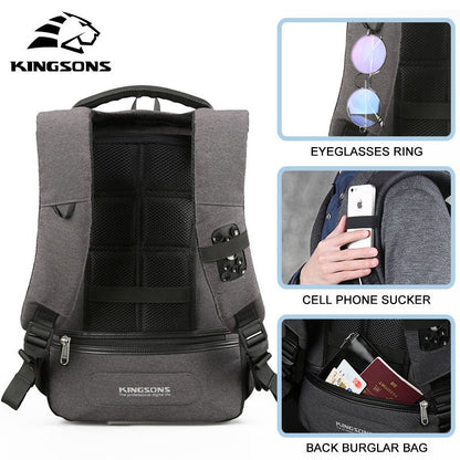 Kingsons, Backpack With Lock Password Ks3149W, 15.6 Inch, Dark Gray,Water-Resistant, Light Weight