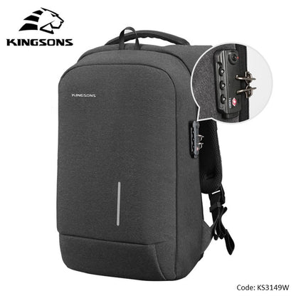 Kingsons, Backpack With Lock Password Ks3149W, 15.6 Inch, Dark Gray,Water-Resistant, Light Weight